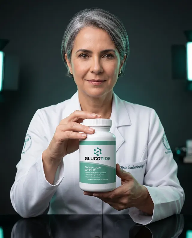 Glucotide blood sugar support bottle held up in a clinical setting