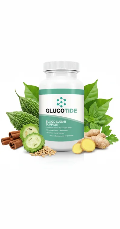 Glucotide blood sugar support capsule bottle surrounded by bitter melon, cinnamon sticks, ginger, oats and fresh herbs
