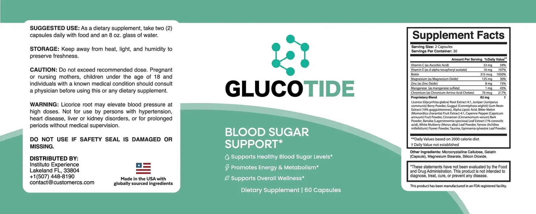 Glucotide Supplement Facts panel listing vitamin C, vitamin E, biotin, magnesium, zinc, manganese, chromium and the 82 mg proprietary botanical blend